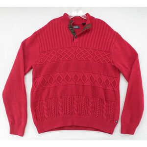 Chaps Red Cable Knit Button Mock Neck Sweater Mens XL Preppy Cabincore Grandpa